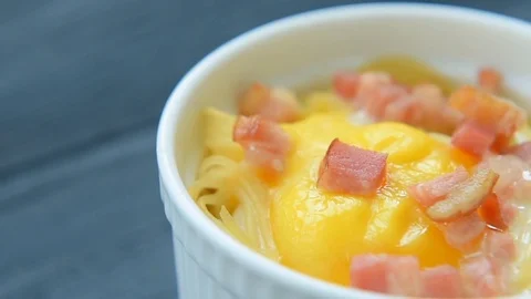 Ready to eat pasta with egg and bacon Stock Footage 69749232