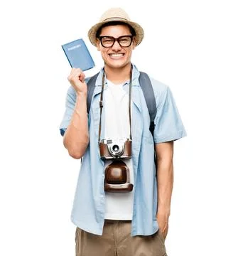 Ready to explore the world. a young man holding his passport in excitement Foto stock