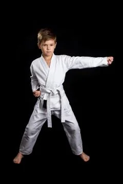 Ready front stance in karate with lower right arm clenched into fist and left Foto stock