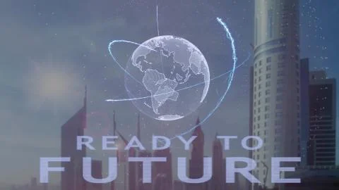 Ready to future text with 3d hologram of the planet Earth against the backdrop Illustrazione stock