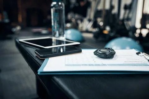Ready to get this session started. Cropped shot of items lying on bench in a  스톡 사진