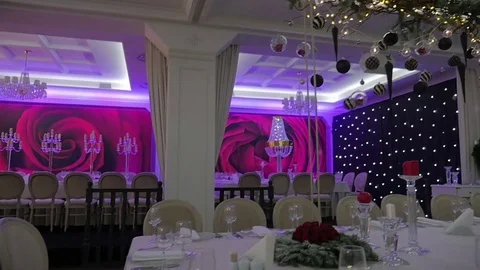 Ready for the holiday banquet hall. Steadicam shot. Stock Footage
