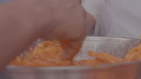 Ready Jalebi serving for breakfast Stock Footage 220765893