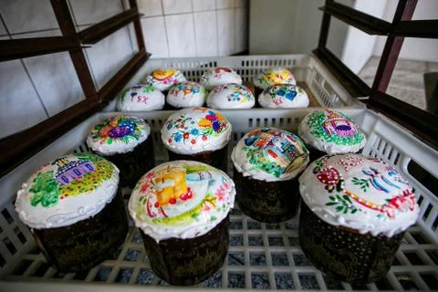 Ready-made baked Easter cakes with glazed churches Stock Photos