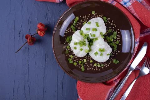Ready-made breakfast of boiled eggs is on the table Stock Photos