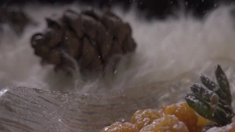 Ready-made dish, berries, cloudberries, slow motion, cones, snow Stock Footage 322011829