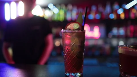 Ready-made drinks are on the bar ready to be consumed. Stock Footage 247074976