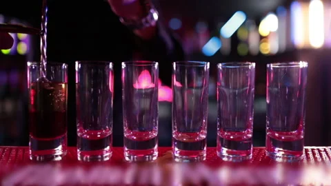 Ready-made drinks are on the bar ready to be consumed. Stock Footage 247075470