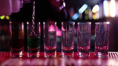 Ready-made drinks are on the bar ready to be consumed. Stock Footage 247075718