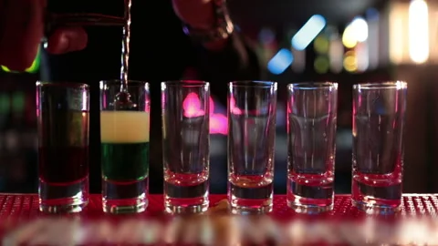 Ready-made drinks are on the bar ready to be consumed. Stock Footage 247075830