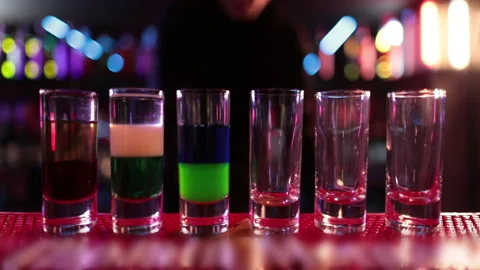 Ready-made drinks are on the bar ready to be consumed. Stock Footage 247075974