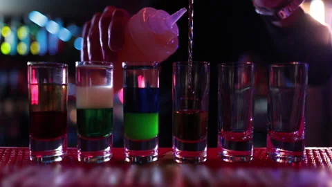 Ready-made drinks are on the bar ready to be consumed. Stock Footage 247076309