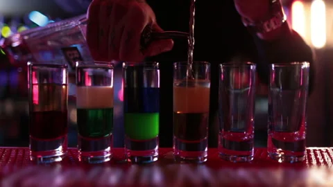 Ready-made drinks are on the bar ready to be consumed. Stock Footage 247076412