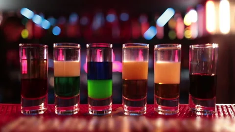 Ready-made drinks are on the bar ready to be consumed. Stock Footage 247076661