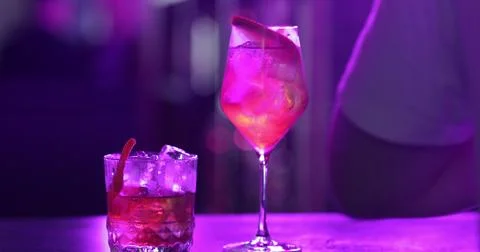 Ready-made drinks are on the bar ready to be consumed. Stock Photos