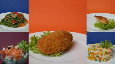 Ready-made food in rotating plates on colored backgrounds. collage, multiscreen Stock Footage 164101876