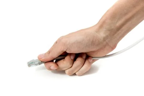 Ready-made LAN cable on IT professional hand Stock-Fotos