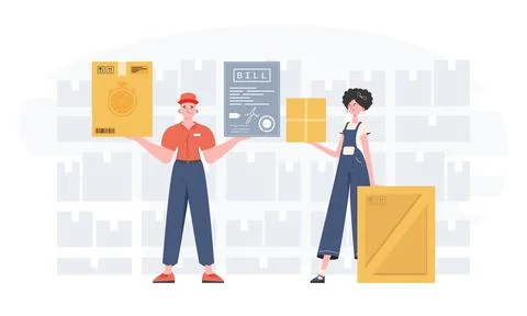 Ready made poster on the theme of delivery. Delivery team. trendy style. Vect 스톡 일러스트