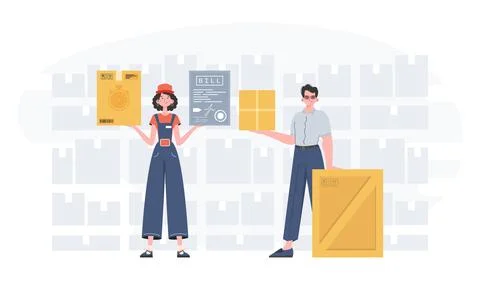 Ready made poster on the theme of delivery. Food and parcel delivery people.. 스톡 일러스트