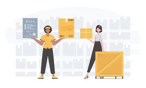 Ready made poster on the theme of home delivery of groceries. Delivery team.  Stock Illustration