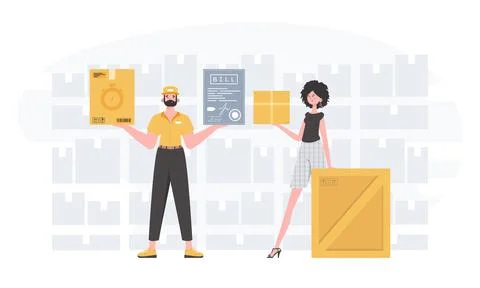 Ready made poster on the theme of home delivery of groceries. Food and parcel Stock Illustration