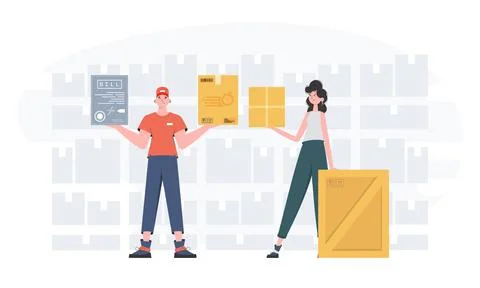 Ready made poster on the theme of home delivery of groceries. Food and parcel Stock Illustration