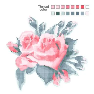 Ready-made template for cross stitch. Catalog of used colors of threads. Vector Illustrazione stock