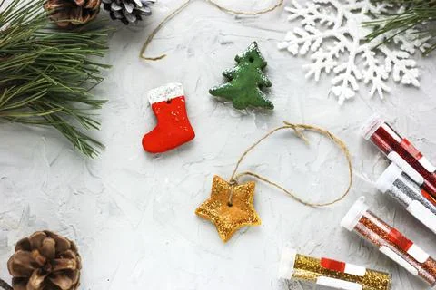 Ready-made toys with a string star, Christmas tree, Christmas sock, DIY toys Stock Photos