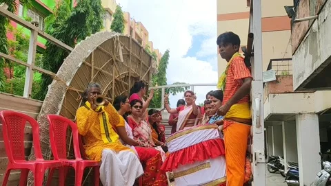 Ready for procession on last day of Durga Puja festival Stock Footage 217681282
