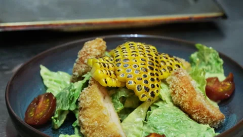Ready salad with corn chicken and lettuce green on table Stock Footage 267020977