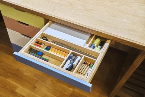 Ready for school. Neat drawer with assorted stationery for school Stock Photos