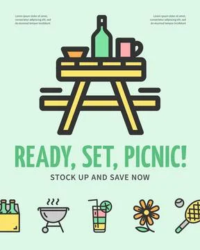 Ready Set Picnic Concept Vertical Placard Poster Banner Card Template. Vector Stock Illustration