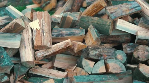 Ready Split Firewood Pieces Close-Up View in Random Pile | Chopped Wood Blocks Stock Footage 315603521