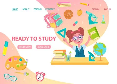 Ready to study concept. School girl and objects.. Landing page or banner temp Illustrazione stock