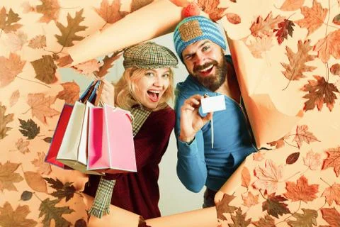 Ready for text. Hello September. Happy loving couple. Leaf fall design. Autumn Fotos Stock
