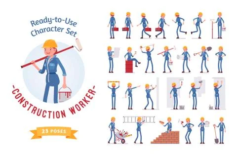 Ready-to-use female worker character set, various poses and emotions Stock Illustration