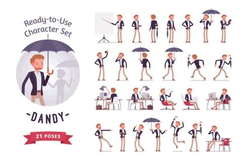 Ready-to-use young dandy character set, different poses and emotions Stock Illustration