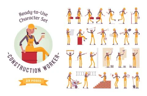 Ready-to-use young female worker character set, various poses and emotions Stock Illustration