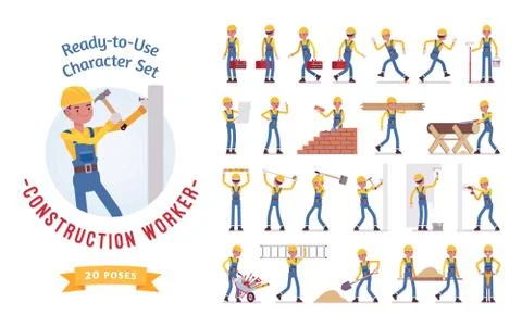Ready-to-use young male worker character set, various poses and emotions Stock Illustration