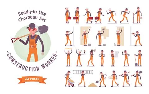 Ready-to-use young male worker character set, various poses and emotions Illustrazione stock