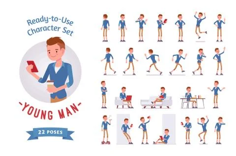 Ready-to-use young man character set, various poses and emotions Stock Illustration
