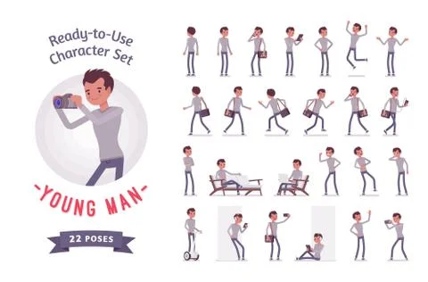 Ready-to-use young man character set, various poses and emotions Stock Illustration
