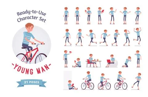 Ready-to-use young man character set, various poses and emotions Stock Illustration