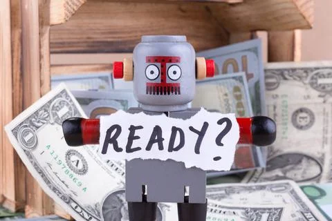 READY word with standing robot Stock Photos