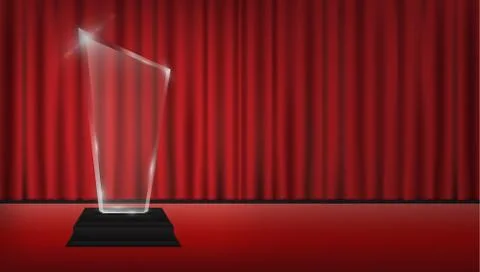 Real 3d transparent acrylic trophy with red curtain stage background Stock Illustration