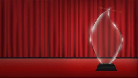 Real 3d transparent acrylic trophy with red curtain stage background Stock Illustration