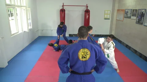 Real aikido training in the exercise room, crane shot by Pakito. Stock Footage 63748189