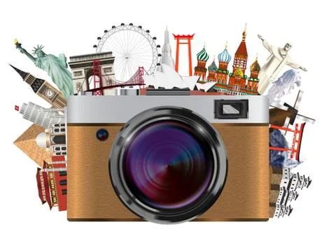 Real compact travel camera with world landmark Stock Illustration