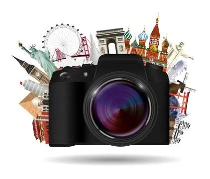 Real compact travel camera with world landmark Stock Illustration