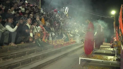 Real Devotional Aarti Ceremony in Rishikesh India at Sunset Stock-Footage 337627636